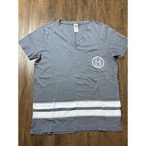 Victorias Secret PINK V Neck Pocket T Shirt Blue Gray Striped Logo Top Womens L